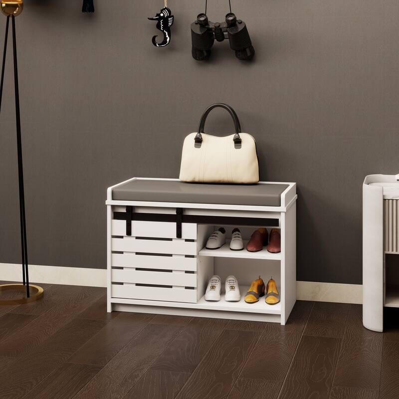 Shoe Storage Bench, 2-Tier Entryway Bench with Sliding Barn Door & 2 Adjustable Shelves & Full Soft Removable Seat Cushion