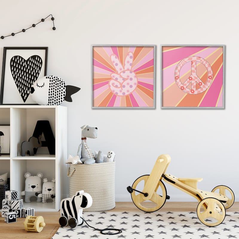 Stupell Groovy Peace Symbols on Stripes Framed Giclee Art Design By Jesse Keith (Set of 2)