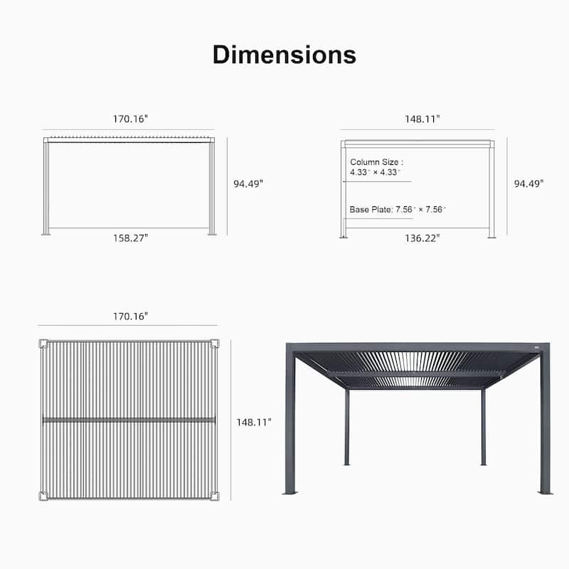 PURPLE LEAF Gray Louvered Pergola Outdoor Aluminum Pergola with Adjustable Roof for Patio Grey Hardtop Gazebo