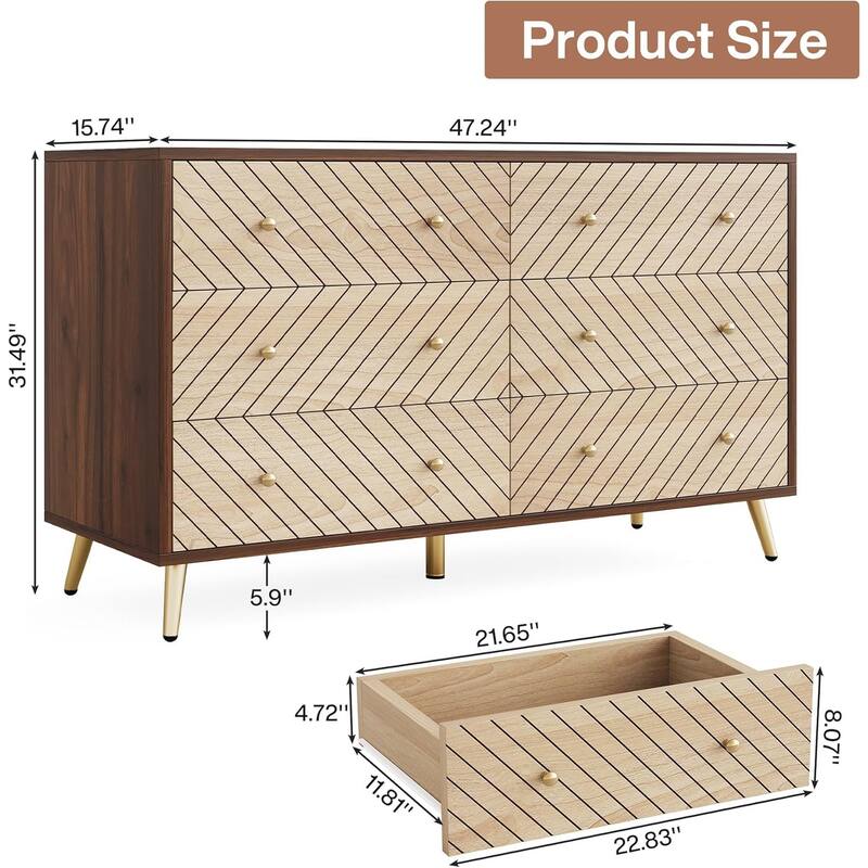 6 Drawer Storage Cabinet with Metal Legs Brown Wooden Dresser for Bedroom Living Room Hallway