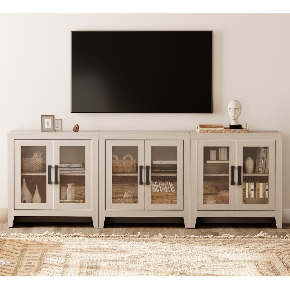 WAMPAT Modern Farmhouse TV Stand, Entertainment Center with Tempered Glass Doors & Adjustable Shelves