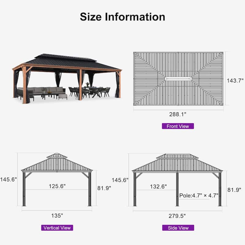 PURPLE LEAF Hardtop Gazebo Galvanized Steel Roof Gazebo Pergola w Wooden Coated Alumninum Frame and Mosquito Net