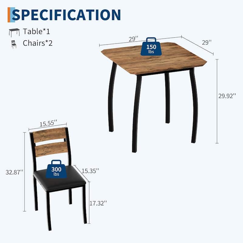 3 Piece Dining Table Set, with Metal Frame & Wood Tabletop