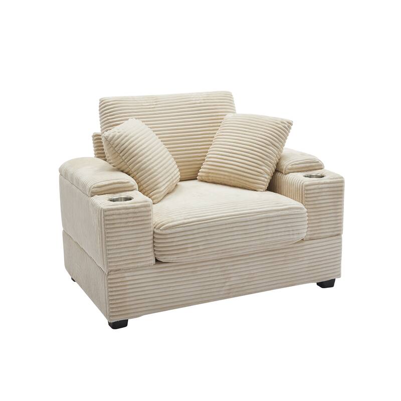 Corduroy Sofa Sets with Ottoman, Handrail Storage and Cup Holders