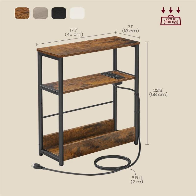 Space-Saving End Table with 3 Storage Shelves and Built-In Charging Station and Stable Steel Frame - 7.1"D x 17.7"W x 22.8"H