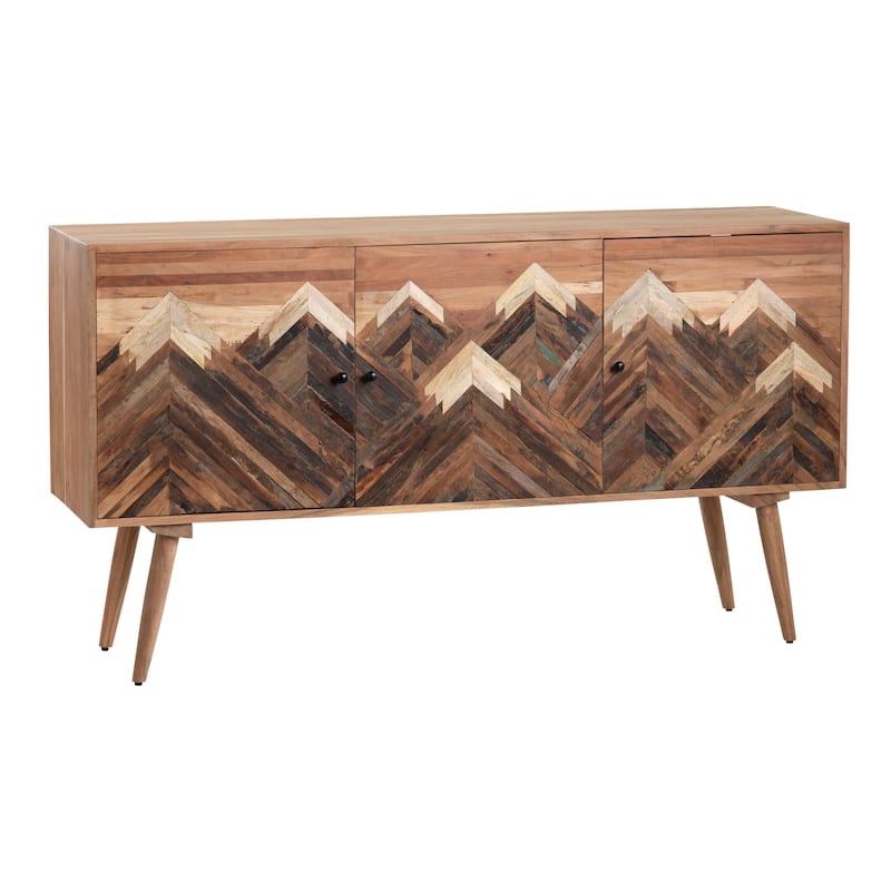 61 in. Brown Solid Wood 3 Door Media Credenza_Sideboard
