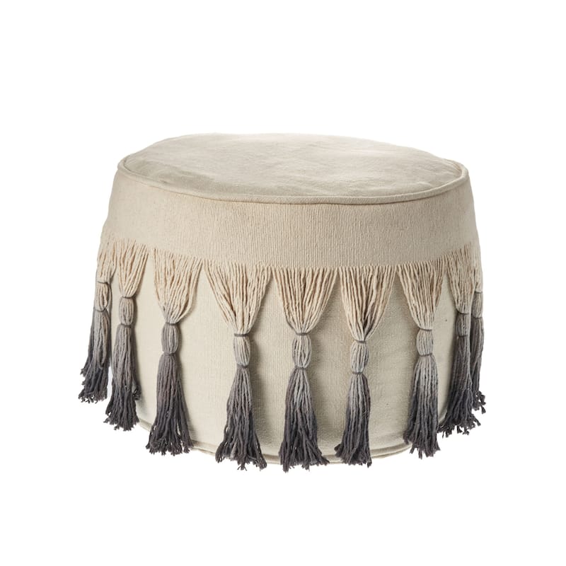 20 Inch Beige Cotton Round Ombre Pouf Ottoman for Living Room and Bedroom