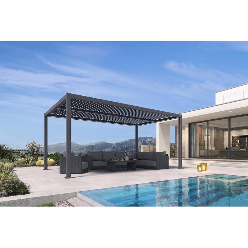 PURPLE LEAF Solar Louvered Pergola with LED String Lights Aluminum Outdoor Pergola with Adjustable Roof for Patio Garden