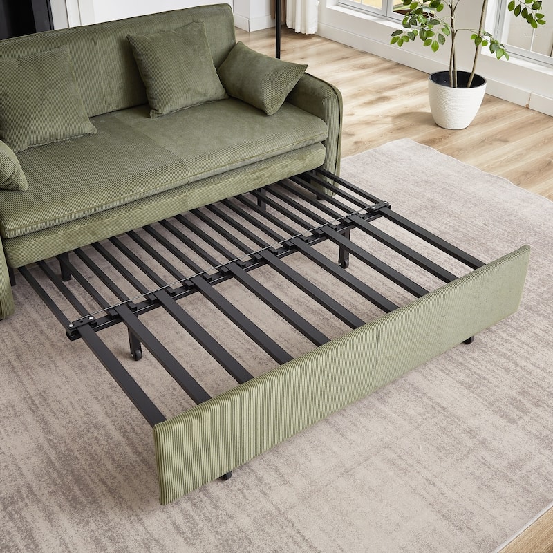 66 Inch Sleeper Sofa Bed with Pullout Bed 4 Pillows and Side Pockets Soft Corduroy Convertible Sleeper Sofa Bed