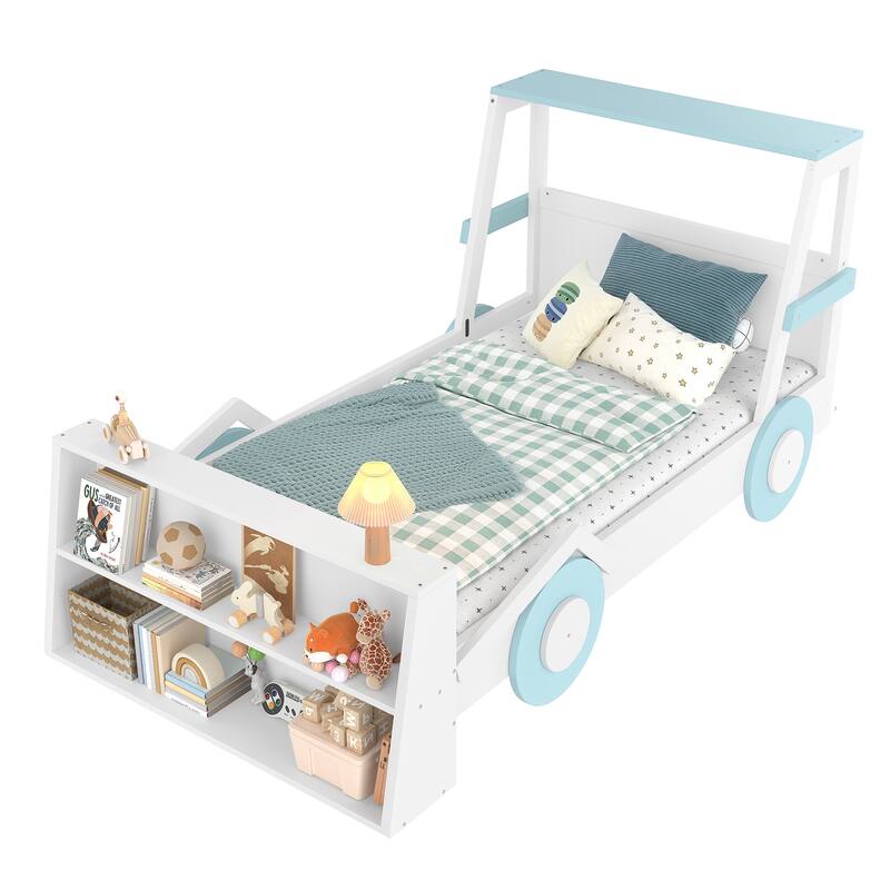 Twin Size Car Bed with Storage Shelves, Kids Platform Bed with Cute Car-shape, Childlike Design, Blue White