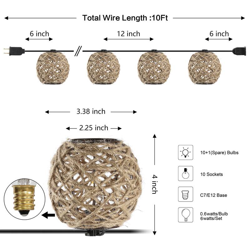 Levi 10-Light Indoor/Outdoor 10 ft. Rustic Incandescent C7 Globe Hemp Rope Shaded String Lights, Light Brown , by JONATHAN Y