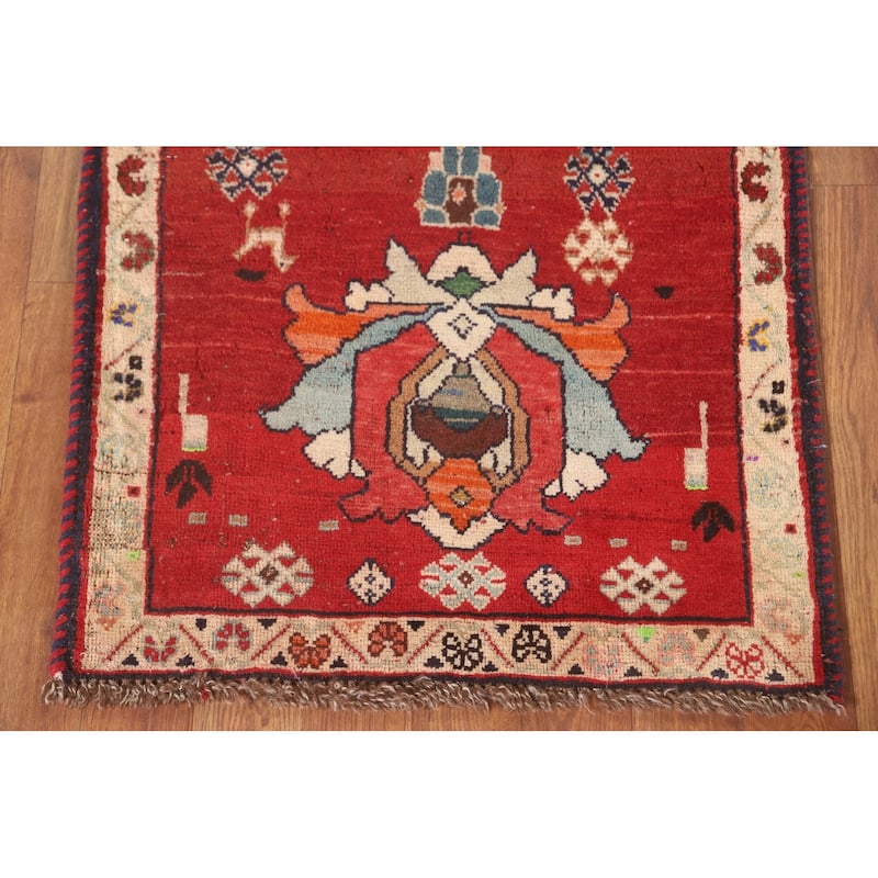 Geometric Red Shiraz Persian Vintage Square Rug Handmade Wool Carpet - 2'0" x 1'10"