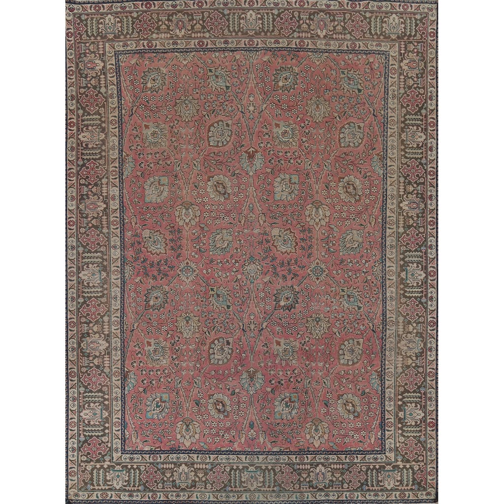 Floral Pink Tabriz Persian Vintage Rug Hand-Knotted Wool Carpet - 9'8"x 12'7"