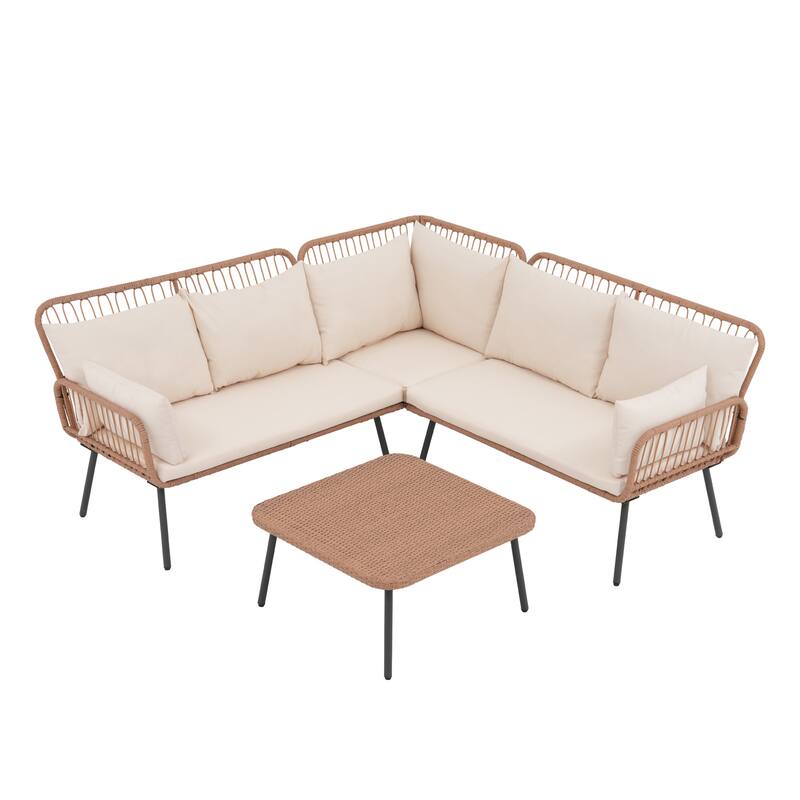 Outdoor Patio Furniture L-Shaped Corner Wicker Sofa Set with Coffee Table