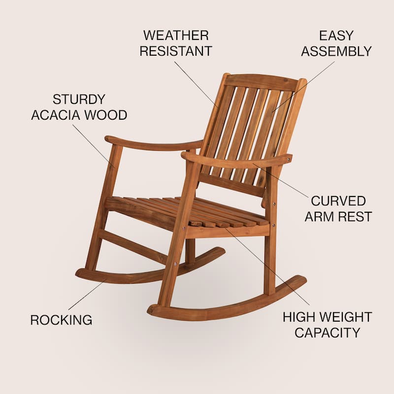 Perry Classic Slat-Back 300-Lbs Support Acacia Wood Patio Outdoor Rocking Chair, by JONATHAN Y - 22.4"