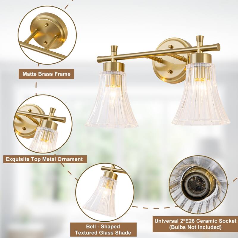 Gold Metal Wall Sconce Ribbed Trumpet Glass Shade for Bathroom Vanity
