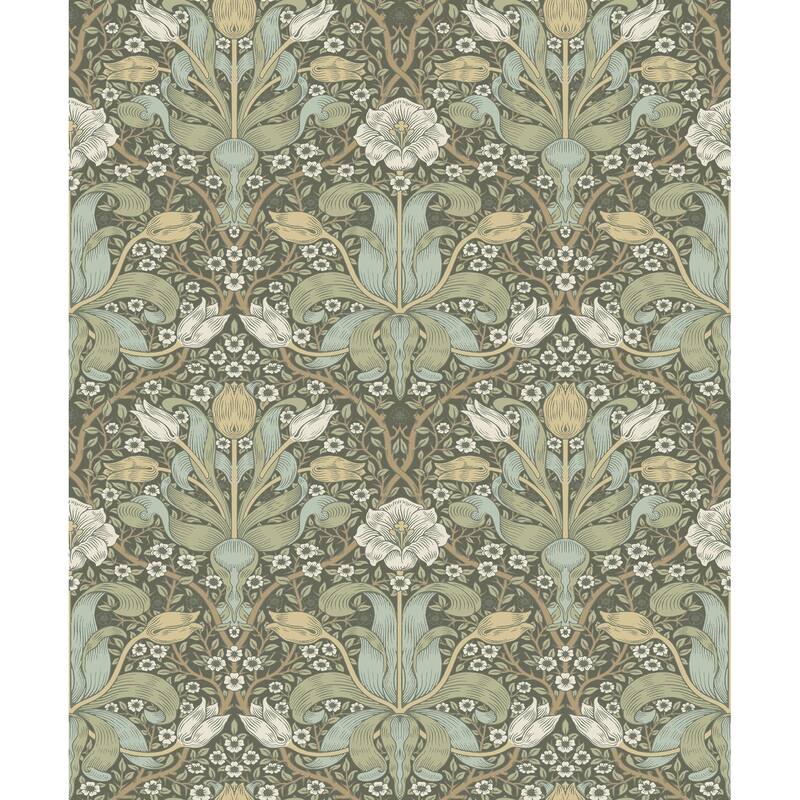 Spring Thicket Green Tulip Damask Wallpaper