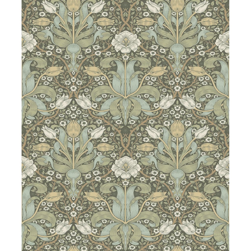 Spring Thicket Green Tulip Damask Wallpaper