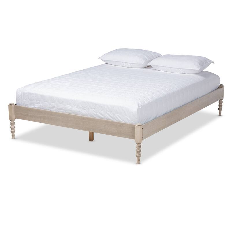 French Bohemian Antique White Oak Queen Platform Bed with Classic Rustic Charm and Sturdy Construction