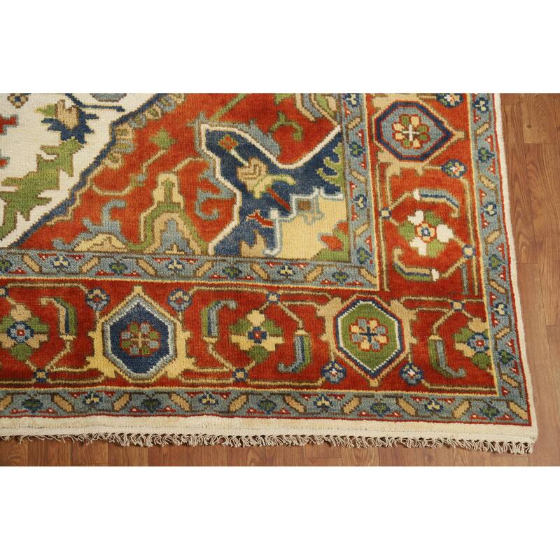 Geometric Medallion Heriz Serapi Indian Area Rug Handmade Wool Carpet - 8'11" x 11'7"