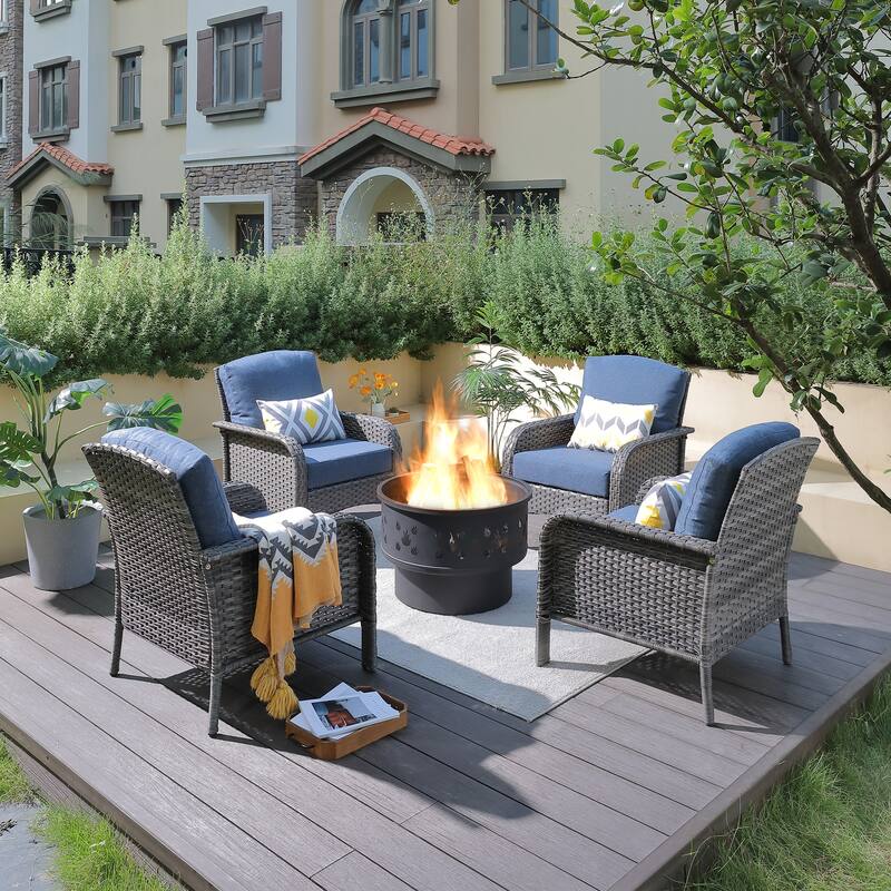 XIZZI 5-piece Single Chairs Wicker Patio Furniture with Firepit - Denim Blue