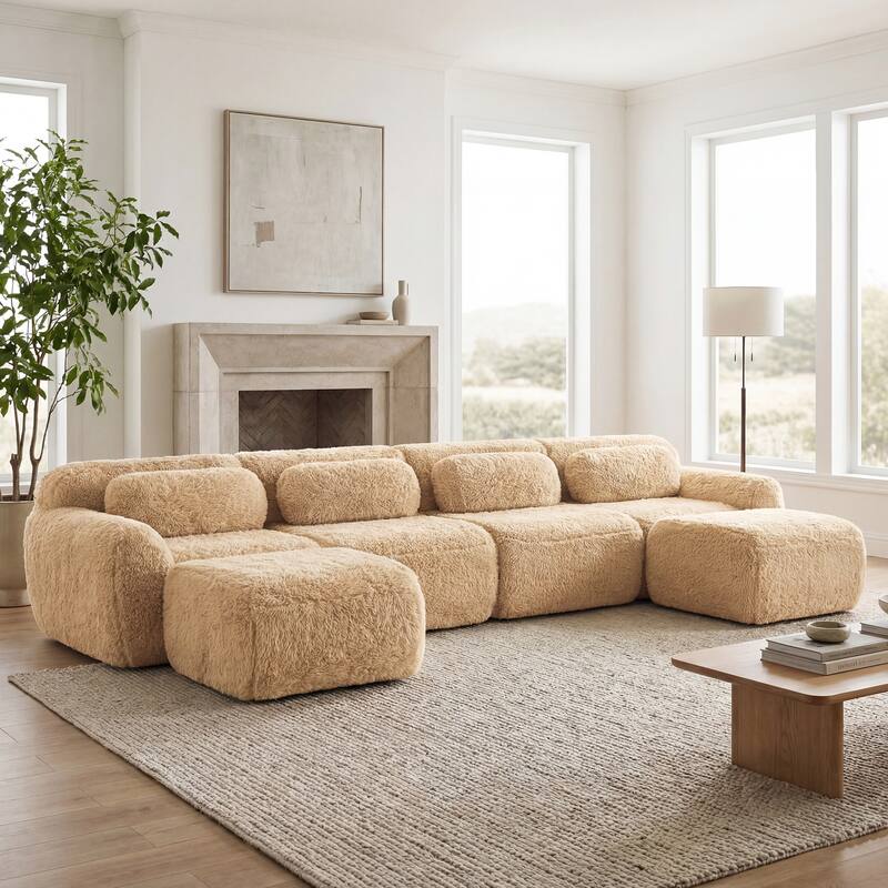 Homy Casa Light Khaki Modular Sectional Sofa, Soft Plush Fabric Cloud Couch with Anti-Slip Base & Decorative Pillows