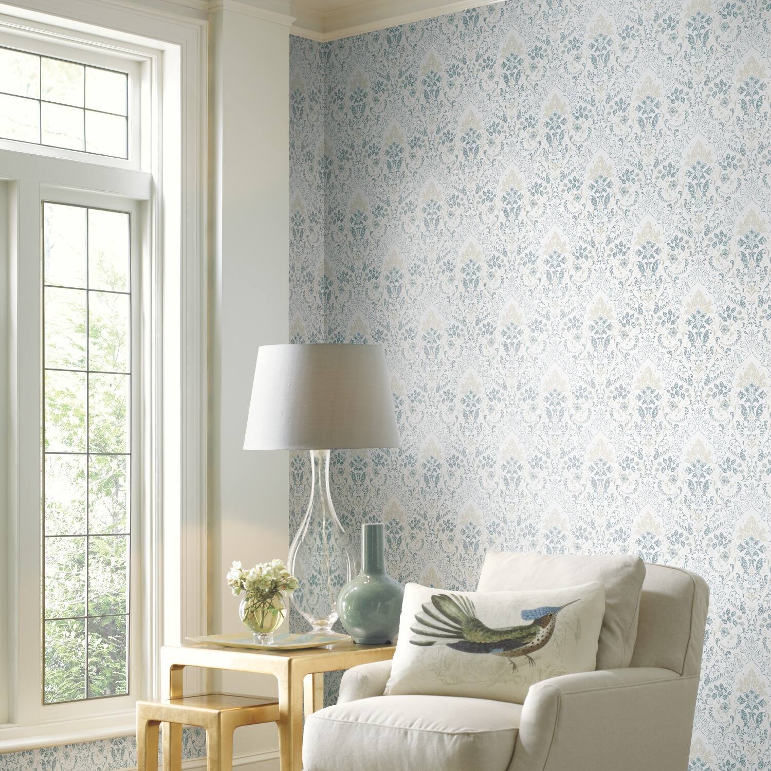 RoomMates White & Blue Persian Damask Peel and Stick Wallpaper Bed