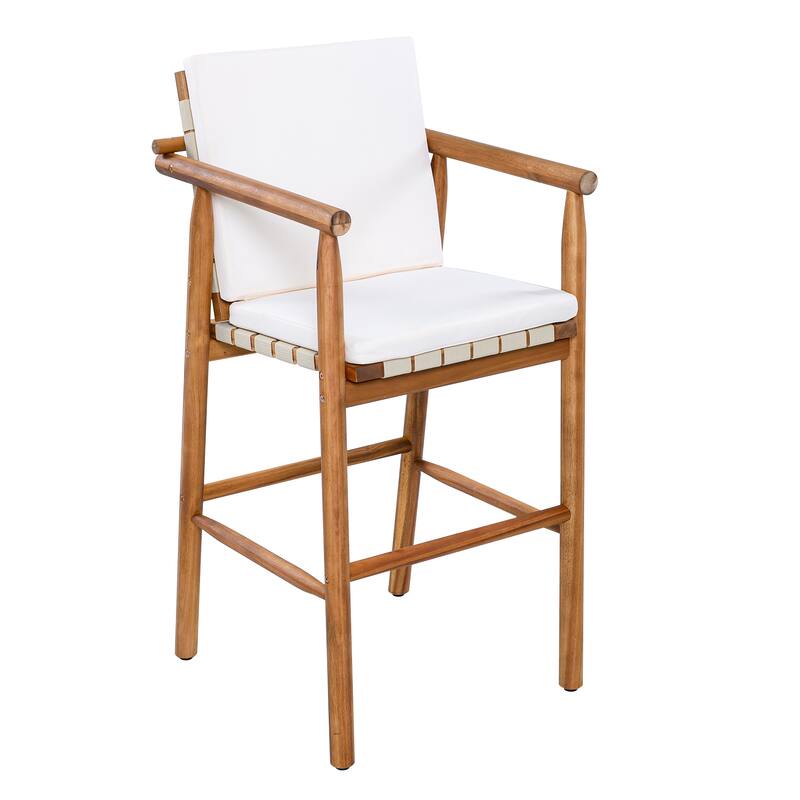 Roomfitters Set of 2 Outdoor Bar Stools with Beige Cushions, Natural Wood High Chairs for Patio Balcony Kitchen, Natural
