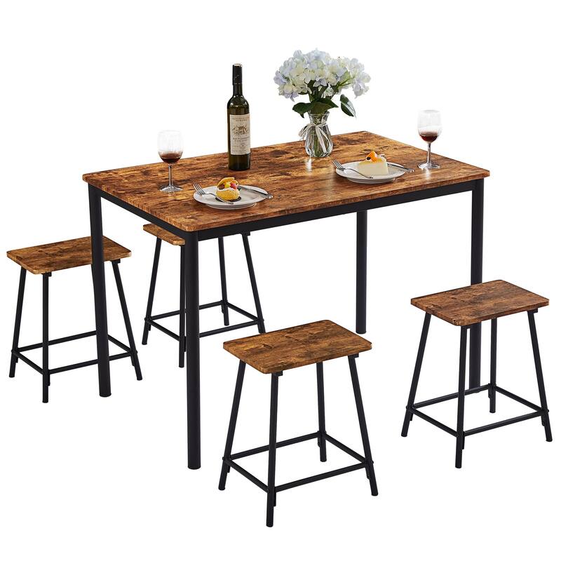 5 Piece Dining Set Wood Metal Table and 4 Chairs Kitchen Furniture - Brown