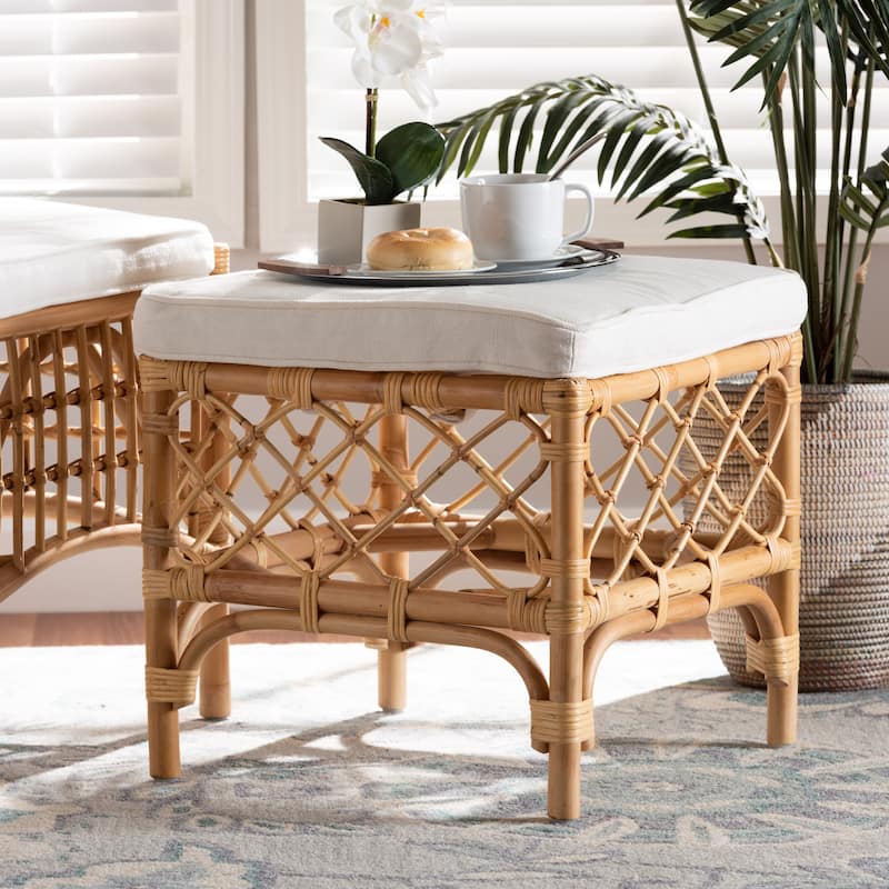 Orchard Modern Bohemian Upholstered Rattan Ottoman-White/Natural Brown