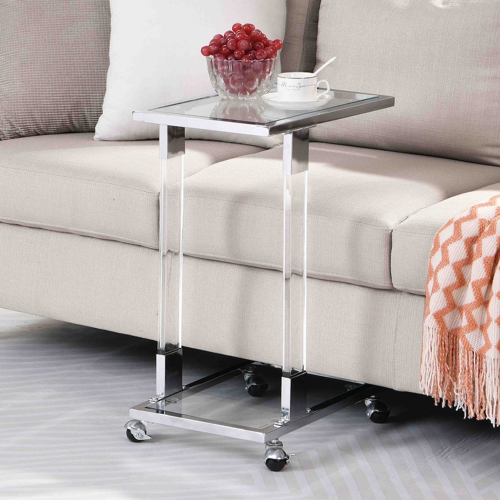 Glass Side Table, Acrylic End Table, Glass Top C Shape Square Table with Metal Base