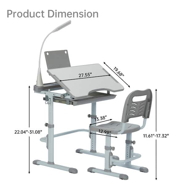 dimension image slide 1 of 2, Ukuowu Height Adjustable Child's School Study Kids Desk and Chair Set with Tilt Desktop, LED Light, Storage Drawer, Book Stand