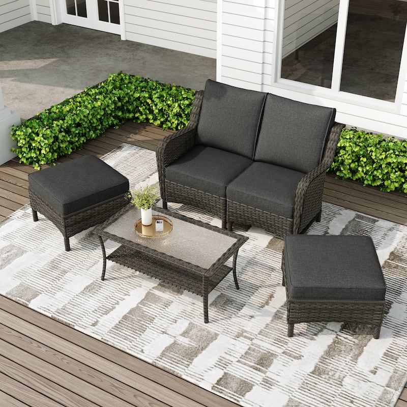 Outdoor Patio Rattan Sectional Sofa Set With Ottoman - Grey