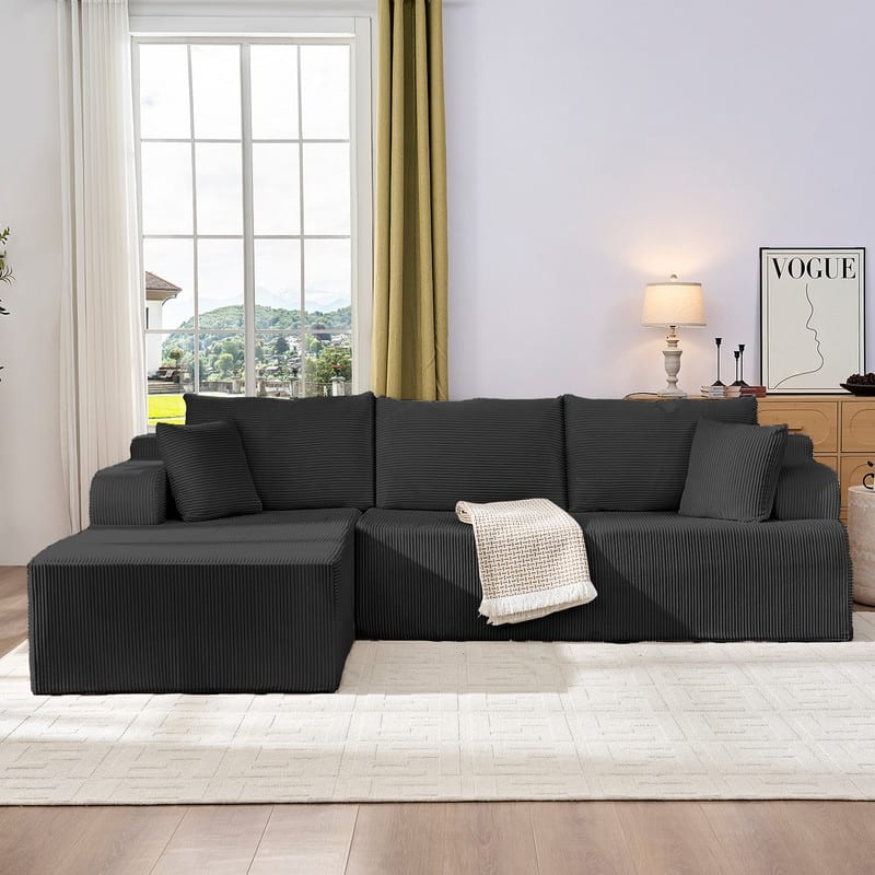 Mixoy 2-Pcs Free Combination Modular Sectional Sofas with Deep Seat,Corduroy L-Shaped Sofa with Chaise Lounge - 3-Seater - Black - Reversible