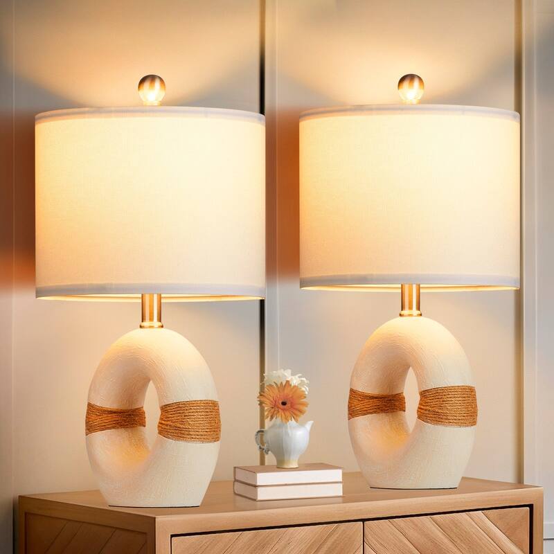 Table Lamps Resin White Donut Style Rotary Switch Jute Rope Accessory (Set of 2) - 9.5'' x 9.5'' x 18'' (L x W x H) - 9.5'' x 9.5'' x 18'' (L x W x H) - White