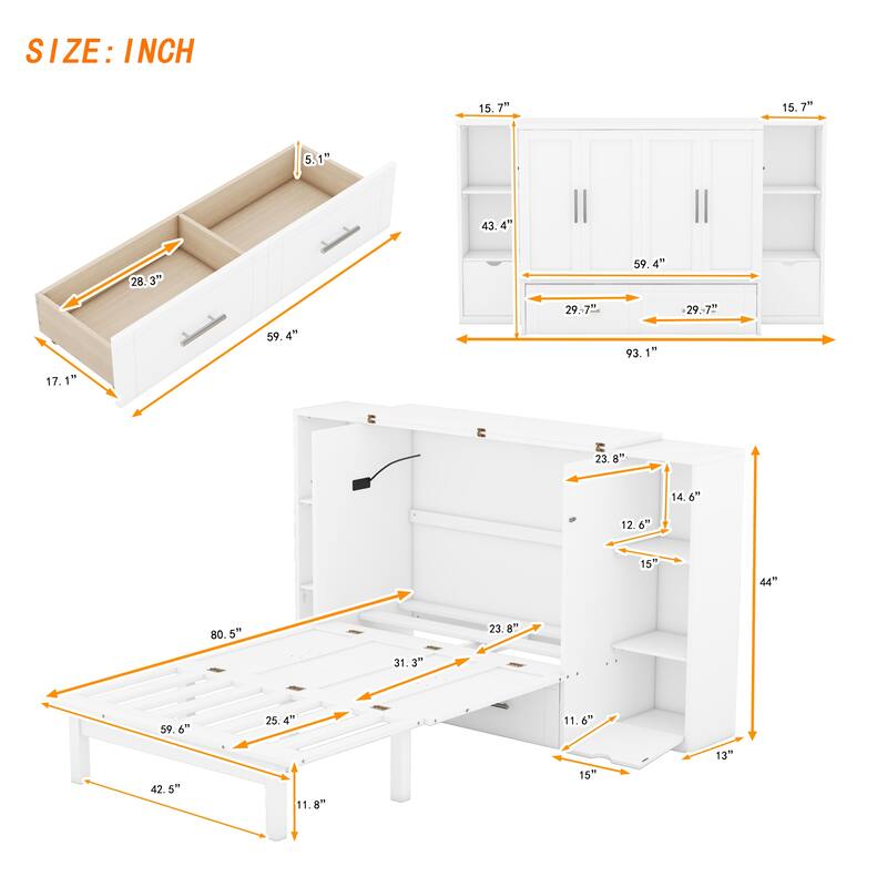 Queen Size Murphy Bed with Shelves, Drawers, USB Ports