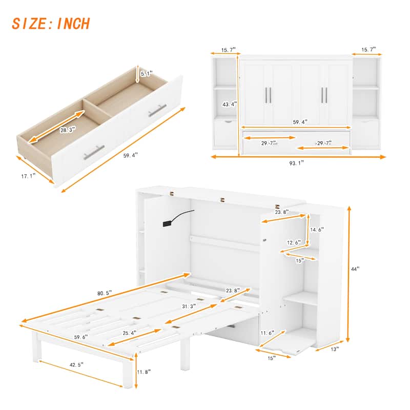Queen Size Murphy Bed with Shelves Drawers and USB Ports