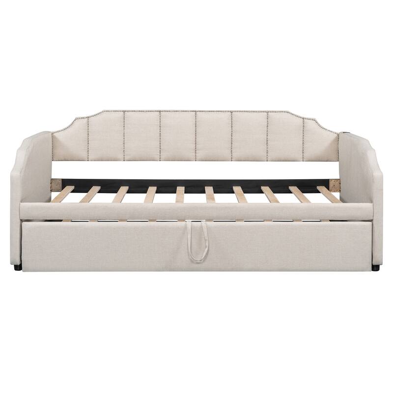Twin Size Upholstered Daybed with Pop-Up Trundle & USB Charging Ports