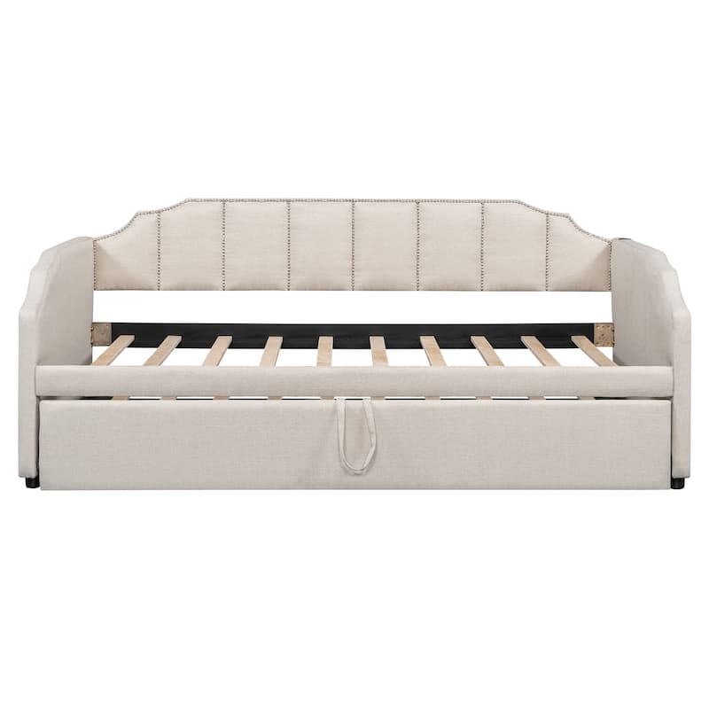 Twin Upholstered Daybed with Pop-Up Trundle, USB Charging Ports, Convertible Sofa Bed