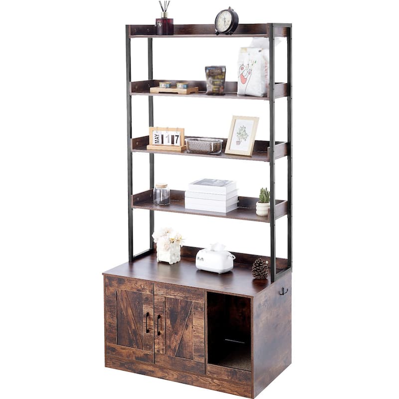 72.3-Inch Dark Brown Wooden Cat Litter Box Enclosure Furniture with 4 Shelves and Magnetic Door