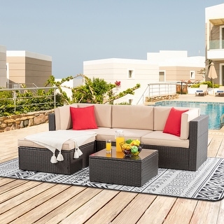 Futzca 5-Piece  PE Wicker Outdoor Patio Furniture Set,Small Outdoor Couch Sectional Set with Ottoman