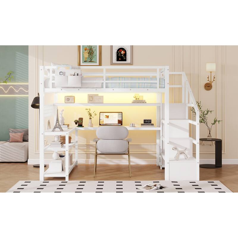 Roomfitters Full Metal Loft Bed, L-Shaped Desk and LED Staircase Wardrobe with Charging Station for Girls Bedroom