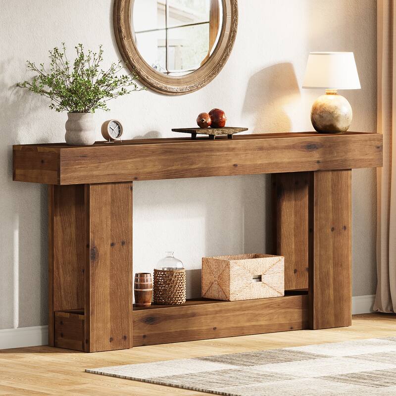 63 Inch Long Solid Wood Console Sofa Table with 2-tier Storage - Rustic Brown