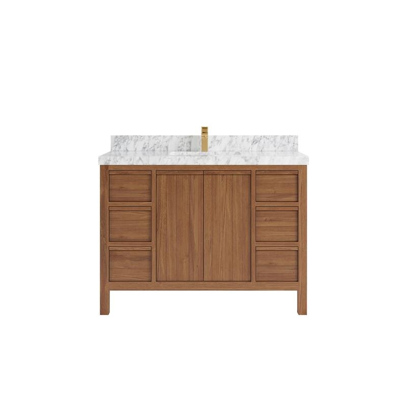 Willow Collections 48 in. W x 22 in. D Elizabeth Solid Teak Single Sink Bathroom Vanity with Countertop - 2”Carrara Marble - Datk Natural