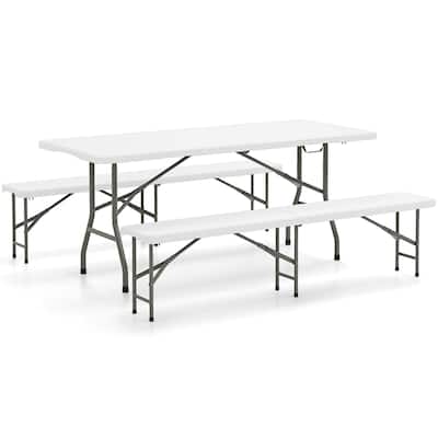 Gymax 3 PCS Folding Picnic Table Set w/ 6 ft Table & 2 Benches HDPE