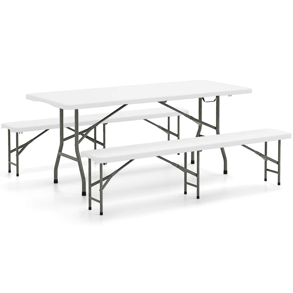 Gymax 3 PCS Folding Picnic Table Set w/ 6 ft Table & 2 Benches HDPE