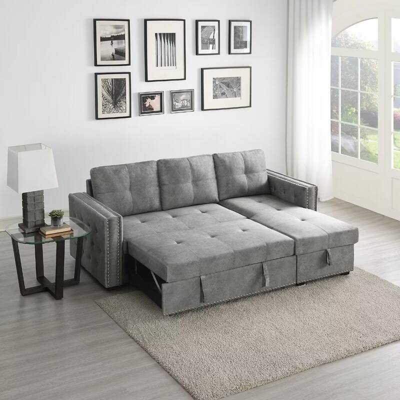 Morden Fort Reversible L-Shaped Sofa Bed with Storage - Velvet Upholstery, Button Tufting, and Nailhead Trim