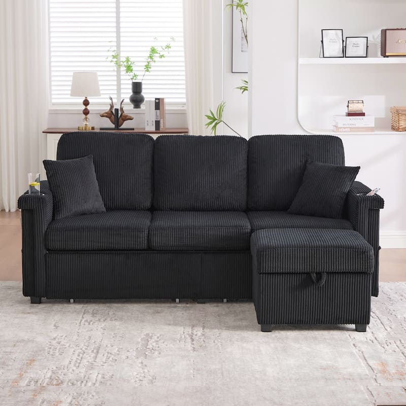 L-Shaped Sectional Sofa with Pull-Out Storage,Ottoman & Pillows 3-Seat with USB Charging,Cup Holder, Convertible Design
