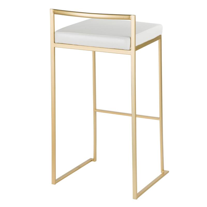 Set of 2 Contemporary Barstools in Brushed Gold and White Faux Leather