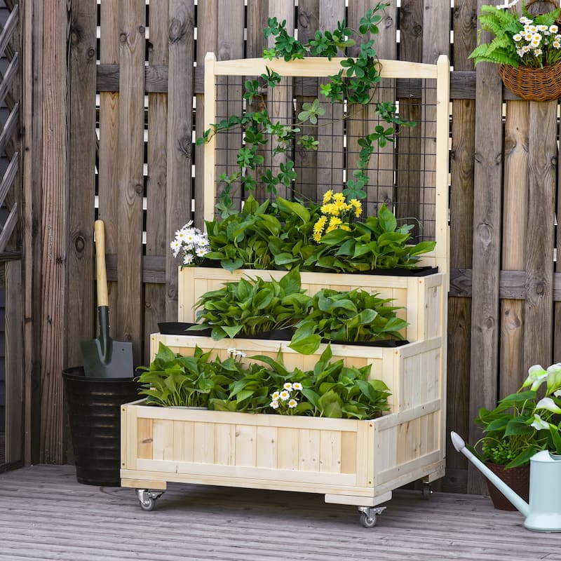 Wood Planter Trellis Movable Wheels, Storage Space, 2 Drainage Holes - Natural